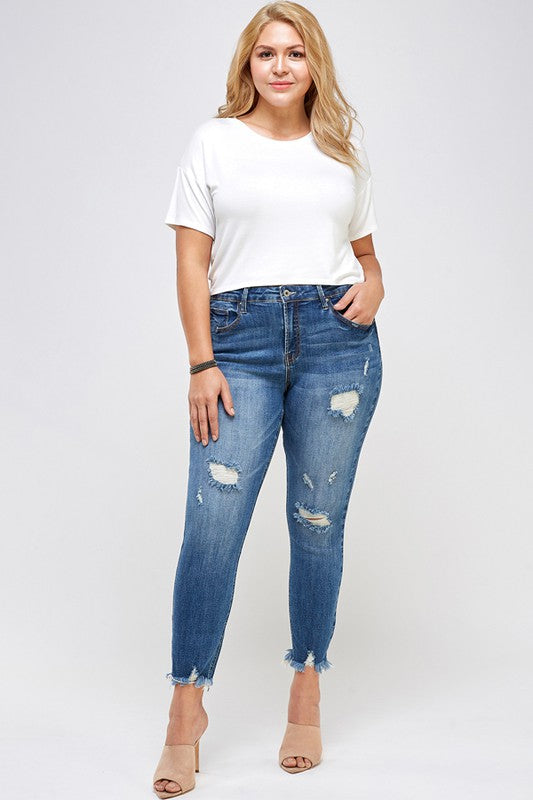 High Rise Distressed Ankle Jeans - Extended Sizes