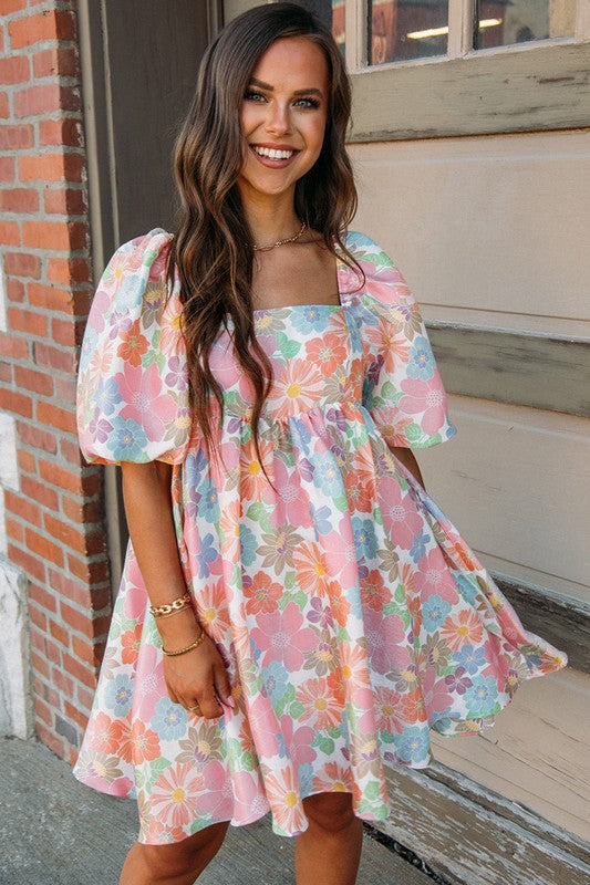 Square Neck Puff Sleeve Babydoll Dress